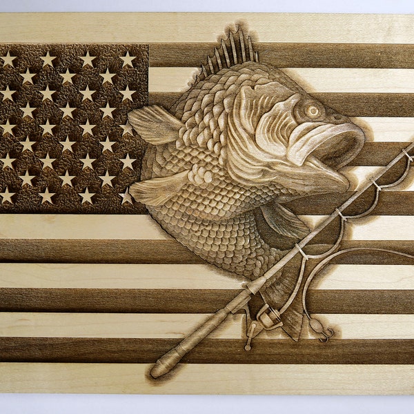 Wooden Wood US Flag with Bass fish fishing carved plaque / sign