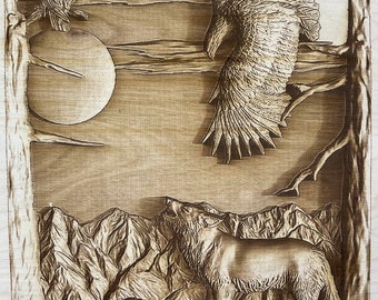 Digital Engraving Western Wolf and Eagle Scene 3D Illusion file for Wood laser ready engraving - Glowforge, Epilog, Trotec, all lasers