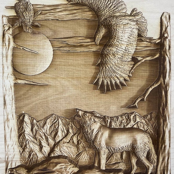 Digital Engraving Western Wolf and Eagle Scene 3D Illusion file for Wood laser ready engraving - Glowforge, Epilog, Trotec, all lasers