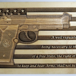 Second Amendment Beretta M9 3D laser US Flag carved plaque / sign in Maple Hardwood or Cherry Wood