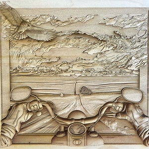 Digital Engraving Motorcycle Ride and eagle 3D Illusion file for Wood laser ready engraving - Glowforge, Epilog, Trotec, all lasers