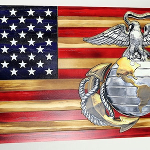 Personalized Wooden American Flag with USMC Marin Corps logo, American flag wood EGA, USMC Hobbyist License 20114