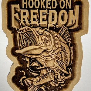 Hooked on Freedom Bass Fishing Scene 3D Maple Wood Ornament / Shelf Decor