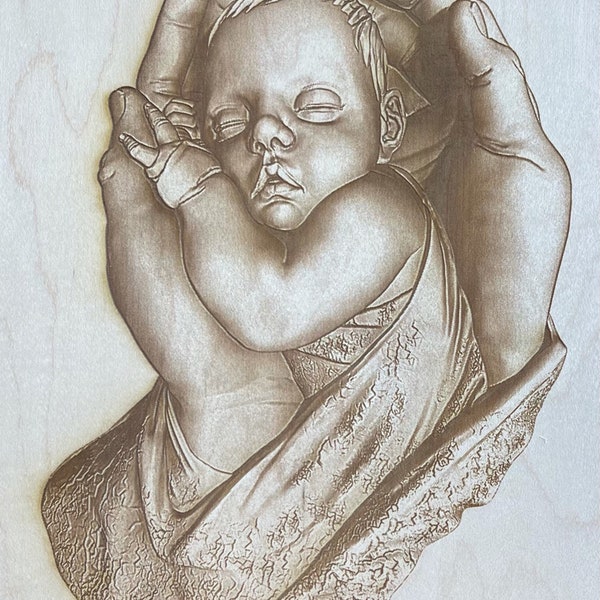 Digital Engraving File - Newborn Baby In Hands 3D Illusion file for Wood laser engraving-Glowforge, Epilog, Trotec, all lasers