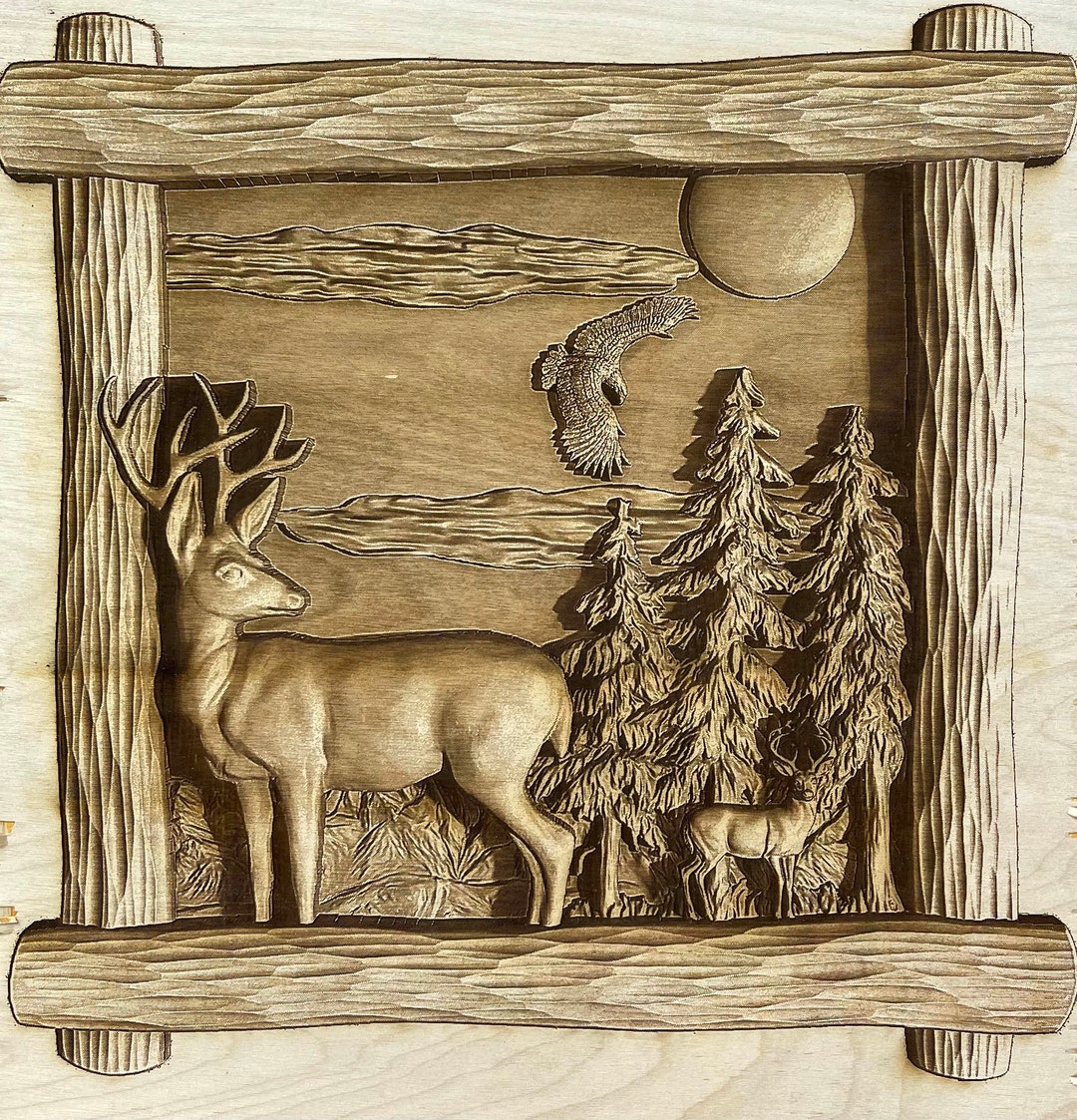 Digital Engraving Deer in the Woods Framed 3D Illusion File for Wood