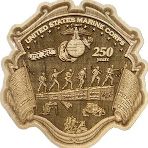USMC Marine Corps 250th Birthday / Anniversary 3D Maple or Cherry Wood Shelf Decor - USMC Hobbyist Lic 20114
