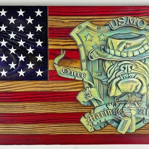 Personalized Wooden American Flag with USMC Devil Dog, American flag wood EGA, USMC Hobbyist License 20114