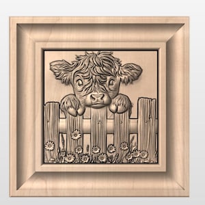 Bezerro de vaca das Terras Altas em uma cerca Arquivo de relevo STL para uma fresadora CNC 3D.