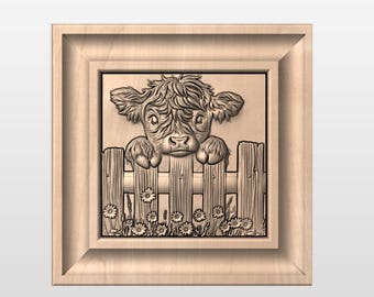 Ternero de vaca de las Tierras Altas en una valla Archivo de relieve STL para una fresadora CNC 3D.