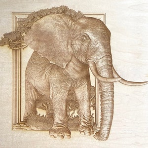 Digitale Gravur Elefant in Rahmen und Baum 3D Illusion Datei für Holz laserfertige Gravur - Glowforge, Epilog, Trotec, alle Laser