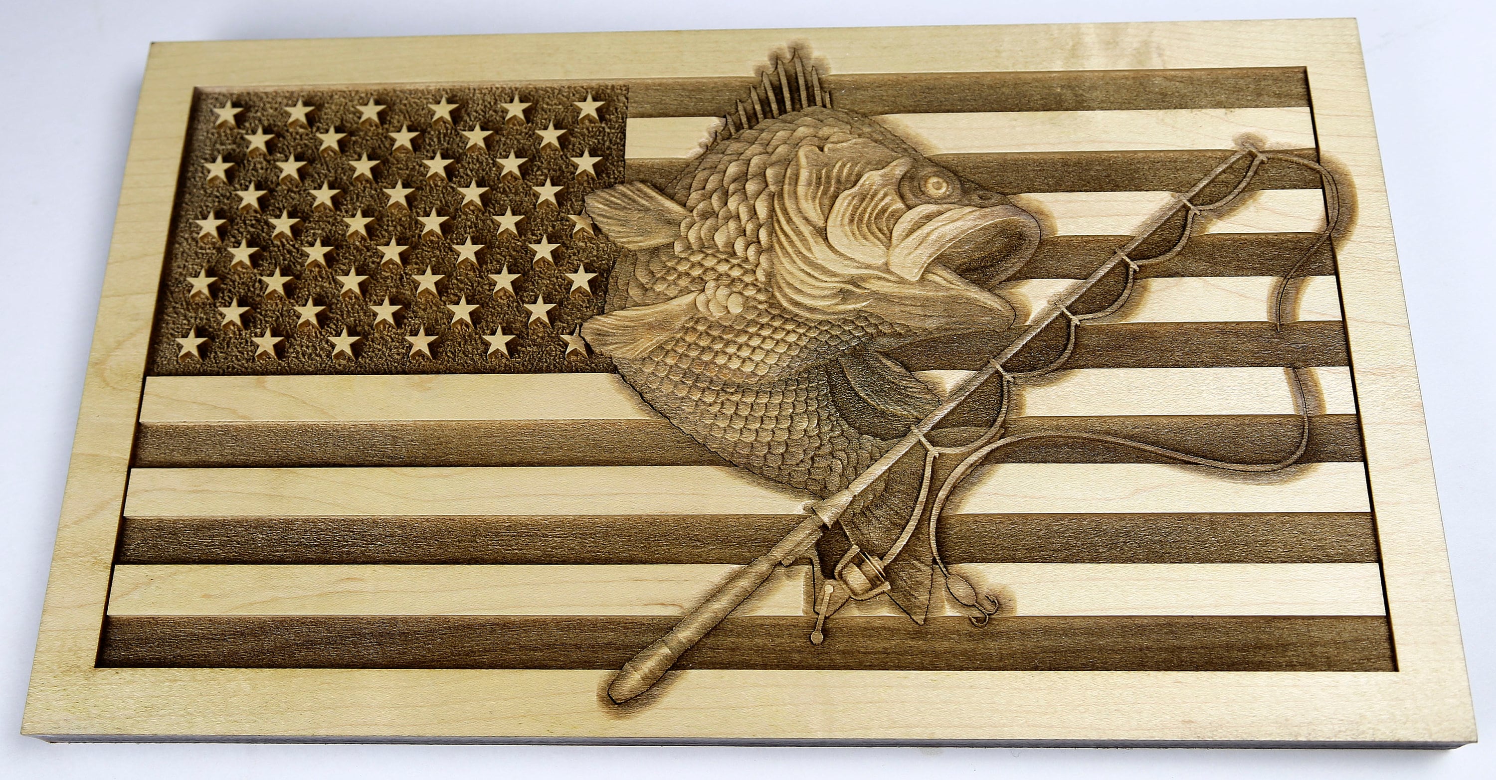 Wooden Wood US Flag With Bass Fish Fishing Carved Plaque / pic