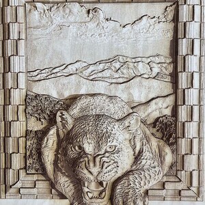 Tigre de grabado digital que sale de un archivo de ilusión 3D de marco para grabado listo para láser de madera - Glowforge, Epilog, Trotec, todos los láseres