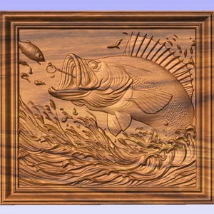 May include: A wooden carving of a bass fish jumping out of the water with its mouth open. The fish is carved in detail, with scales, fins, and teeth. The water is carved in a swirling pattern, and there are bubbles around the fish.