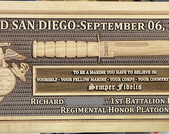 USMC KA-BAR Knife Display, Marine Corps Boot Camp Graduation Plaque - Marine Corps laser Ka-Bar Knife carved plaque / sign