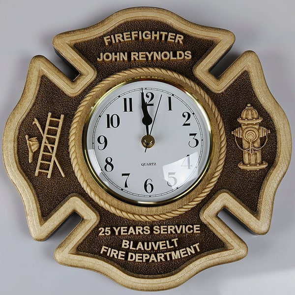 Firefighter Maltese Cross Personalized Hardwood Clock award made in solid Maple or Cherry wood