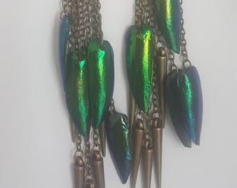 Long Jewel Beetle Wing Spike Earrings