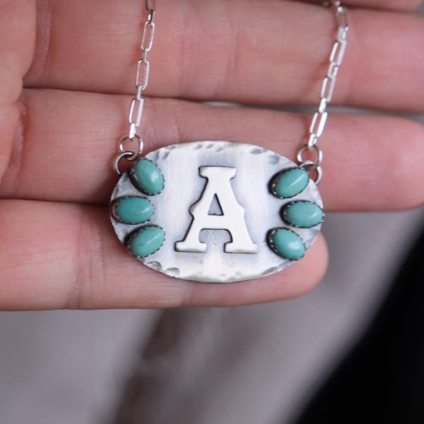 Custom Ranch Brand Pendant | Personalized Initial Necklace | Oval Turquoise Stone Western Jewelry