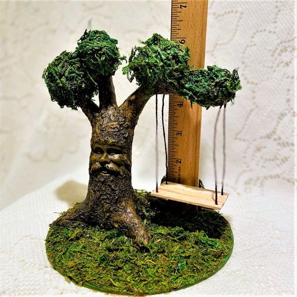 Miniature Tree With Swing on a Mossy Grass Base Face Storybook Tree Resin Tree Father Time Fairy Accessory Garden Display