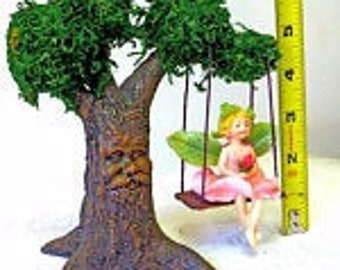 Miniature Resin Tree With Face Nice Greenery & Red Cardinal Bird Included SWING Option Tree 6 Inch Resin Fairy Accessory Garden Display