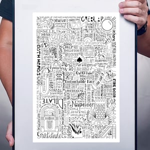 Ani DiFranco Song Poster - 12&quot;x18&quot; Poster Line Drawing of Original Songs by Ani DiFranco - Song titles collage, 325 gsm matte sheen print