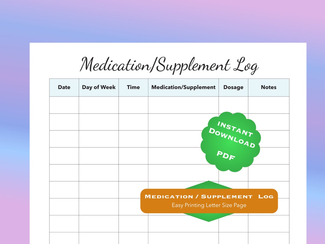 Printable Medication Supplement Log Sheet Digital Download PDF Letter ...