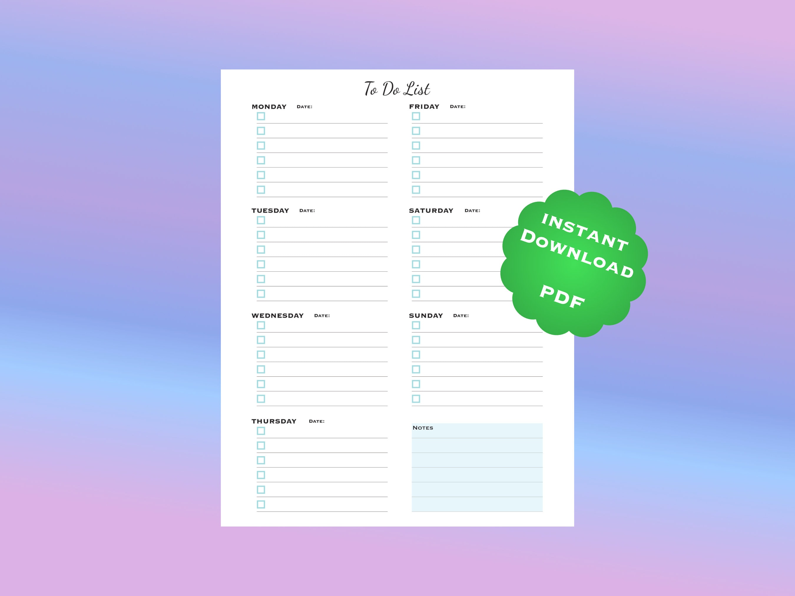 Printable to Do List Weekly Digital Down Load PDF Letter Size Etsy