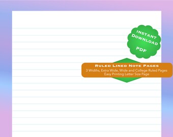 Printable Simple Lined Notebook Pages, 3Sizes, Extra Wide, Wide, and College Ruled, Digital Download, Letter Size
