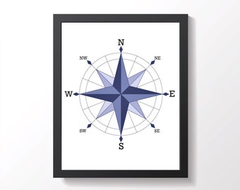 Compass Art Print, Navy Blue, Downloadable Wall Art, Printable, Print at Home, PDF