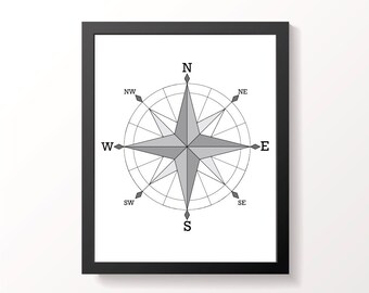 Compass Art Print, Monochrome, Downloadable Wall Art, Printable, Print at Home, PDF