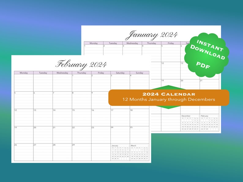 Printable 2023 and 2024 Calendars Digital Download PDF Letter Size