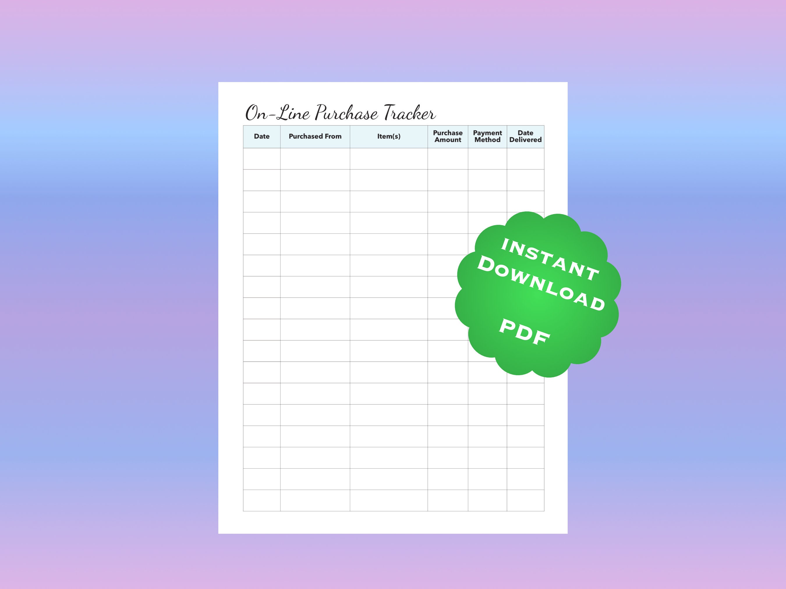 Purchase Tracker Form.pdf Printable On-line Purchase Tracker Log Sheet Digital Download PDF ...