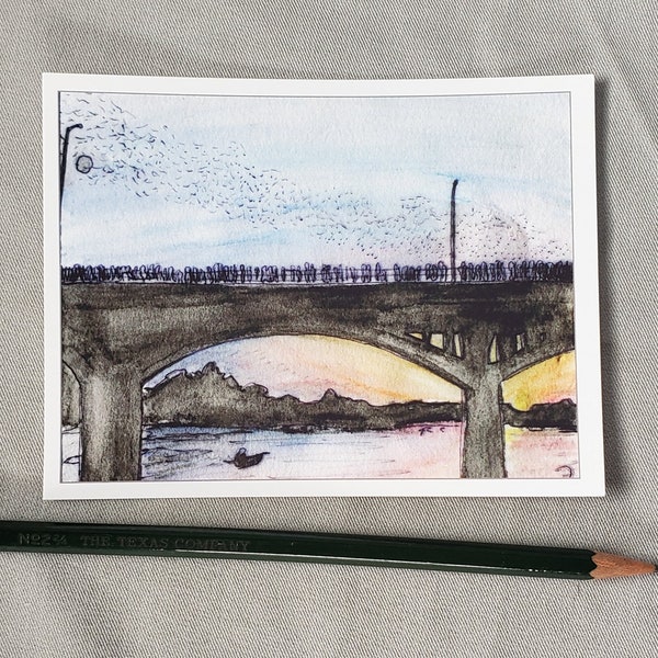 South Congress Bridge Bats - Austin Series Painting Post Cards