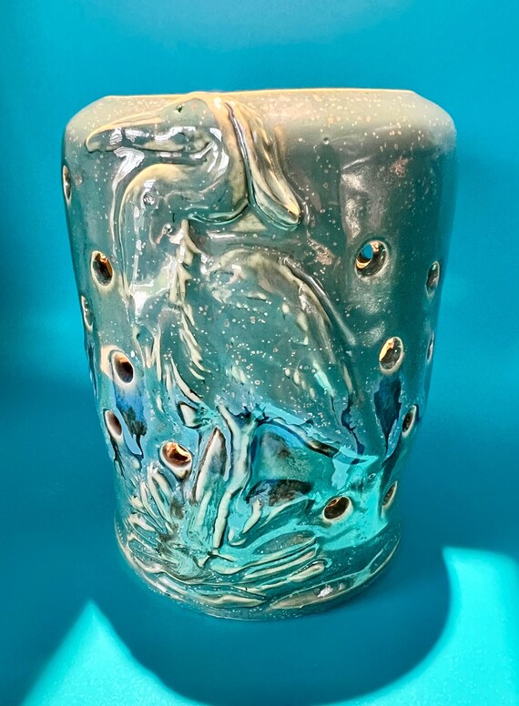 Solar Lantern | Candle Lantern | Indoor/Outdoor Decor | Handmade Pottery | Ceramic | Patio Lantern | Free Shipping | Blue Heron | Luminary