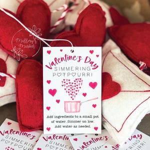 Könnte beinhalten: Valentinstag-Duftpotpourri-Sets. Die Sets enthalten rote herzförmige Filzbeutel und weiße Umschlagbeutel. Jedes Set enthält ein Etikett mit Anweisungen und eine rosa Topf-Illustration.