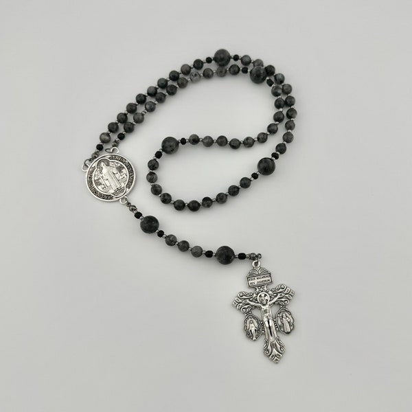 Pardon Indulgence Crucifix St. Benedict Medal and Miraculous Medal Catholic Handcrafted Rosary - Black Stone and Silver Crucifix