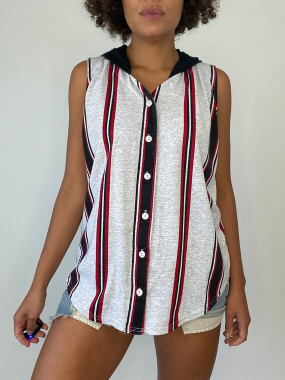 90s Striped Vest. 1990s Black Gray Red Sleeveless… - image 5
