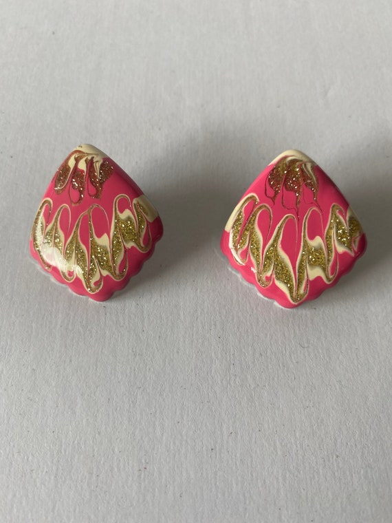80s Pink and Gold Earrings. 1980s Metallic Sparkl… - image 1