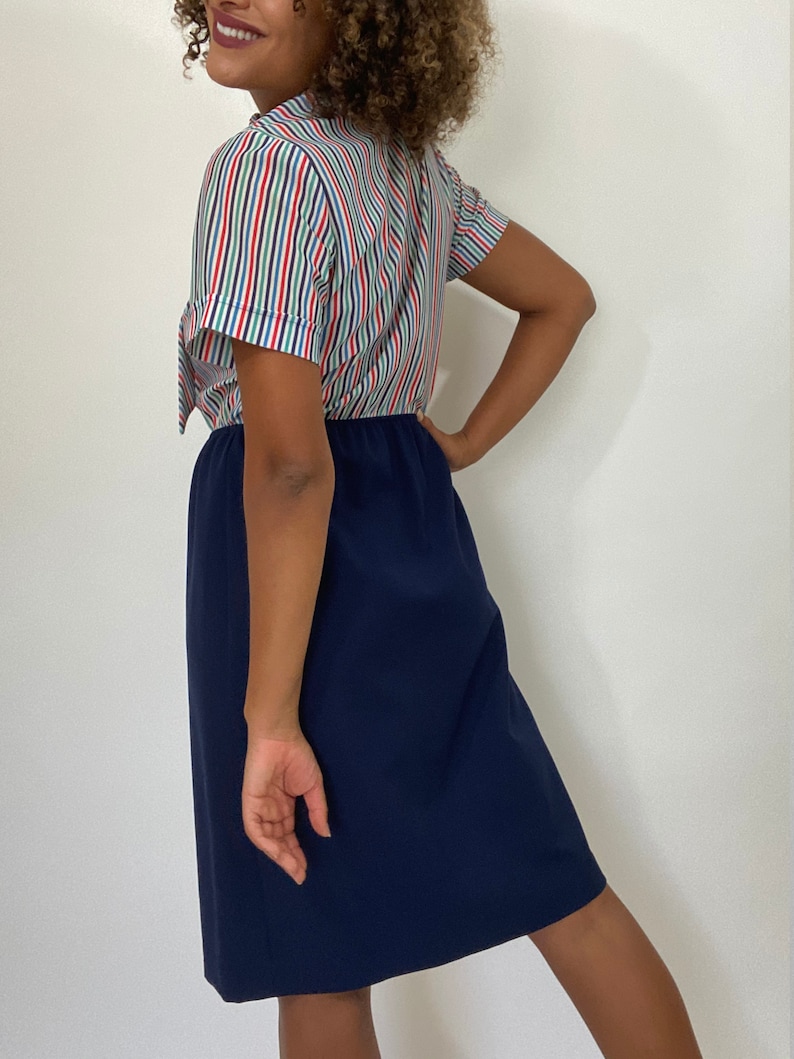 White and Blue Striped Dress Medium. 1970s Short Sleeve Dress 70s Red