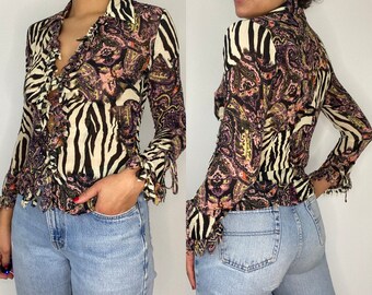 y2k Sheer Animal Print and Paisley Blouse. 1990s 2000s Long Sleeve Abstract Print Shirt. Medium.