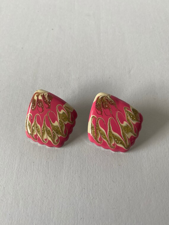 80s Pink and Gold Earrings. 1980s Metallic Sparkl… - image 2