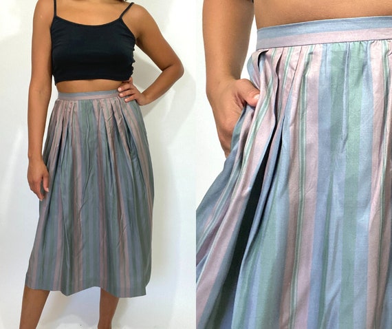 80s Silk Skirt. 1980s Striped Green, Gray, Grey, P