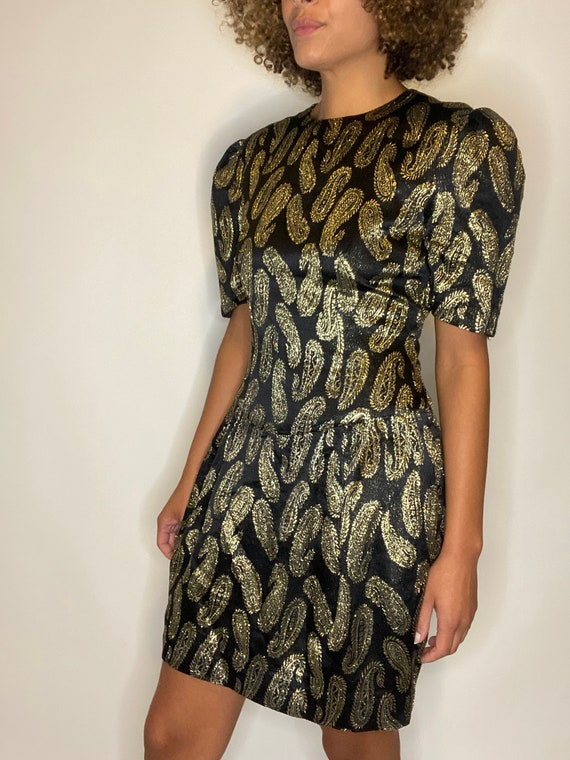80s Black and Gold Paisley Dress. 1980s Party Dre… - image 3