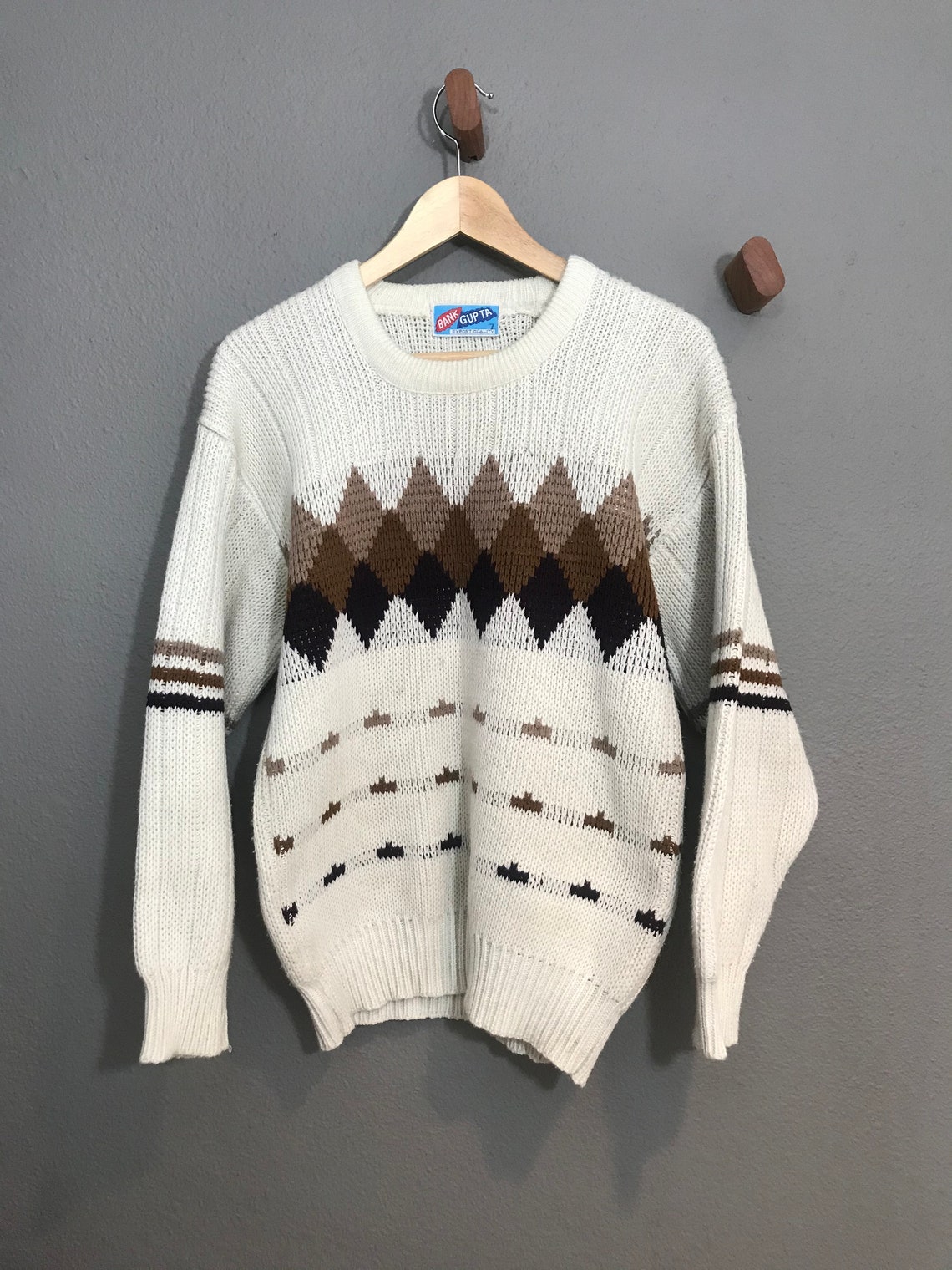 70s Knit Argyle Sweater. 1970s White and Brown Pullover | Etsy