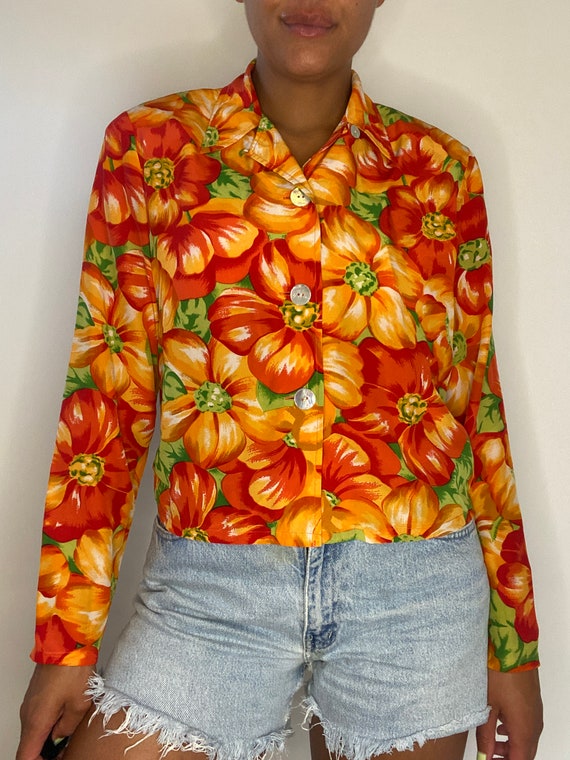 90s Silk Blouse. 1990s Colorful Floral / Flower P… - image 7