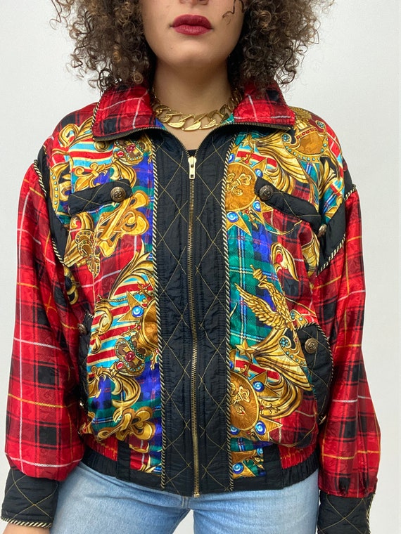 80s Bomber Jacket. 1980s Gold Chain, Red Plaid Si… - image 9