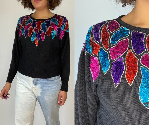 80s Sequined Sweater. 1980s Black Knit Pullover S… - image 1