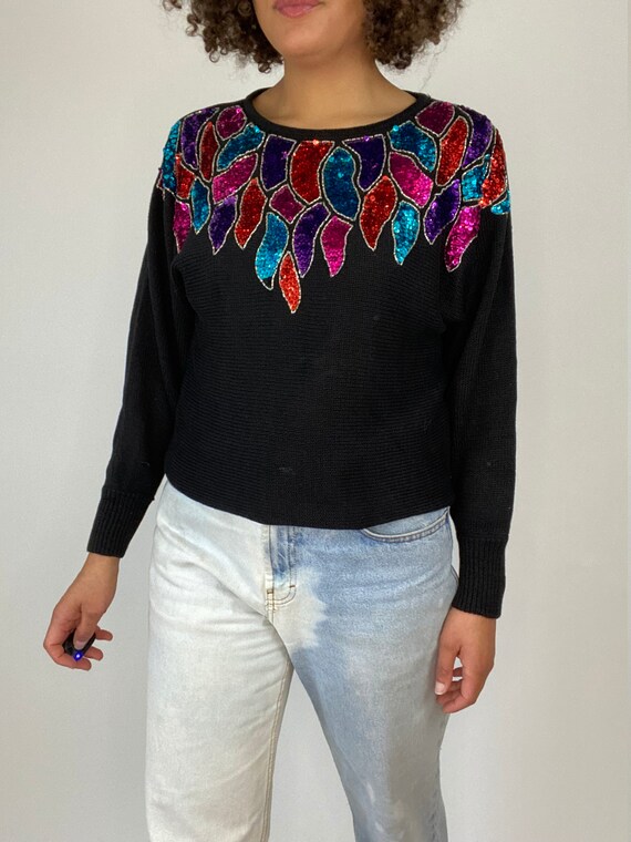 80s Sequined Sweater. 1980s Black Knit Pullover S… - image 4