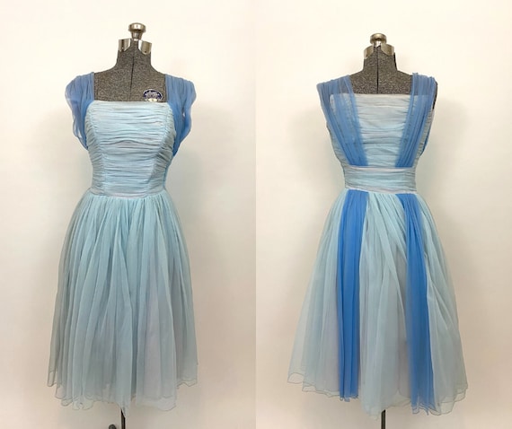 50s Blue Chiffon Dress. 1950s Sleeveless Cocktail