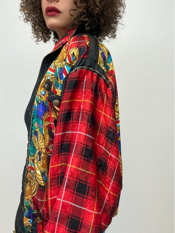 80s Bomber Jacket. 1980s Gold Chain, Red Plaid Si… - image 5