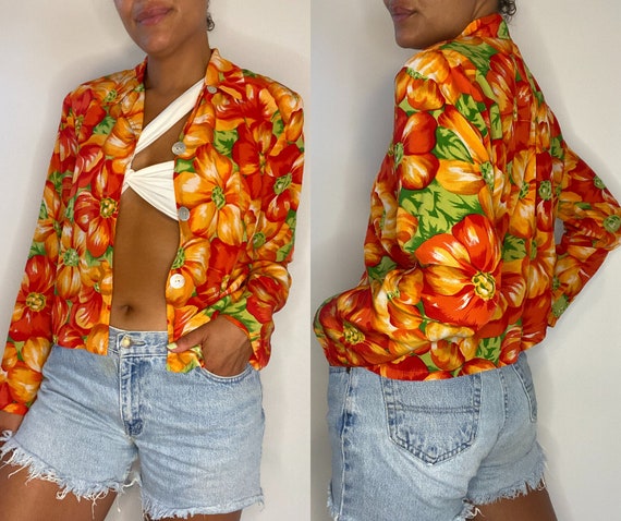 90s Silk Blouse. 1990s Colorful Floral / Flower P… - image 1